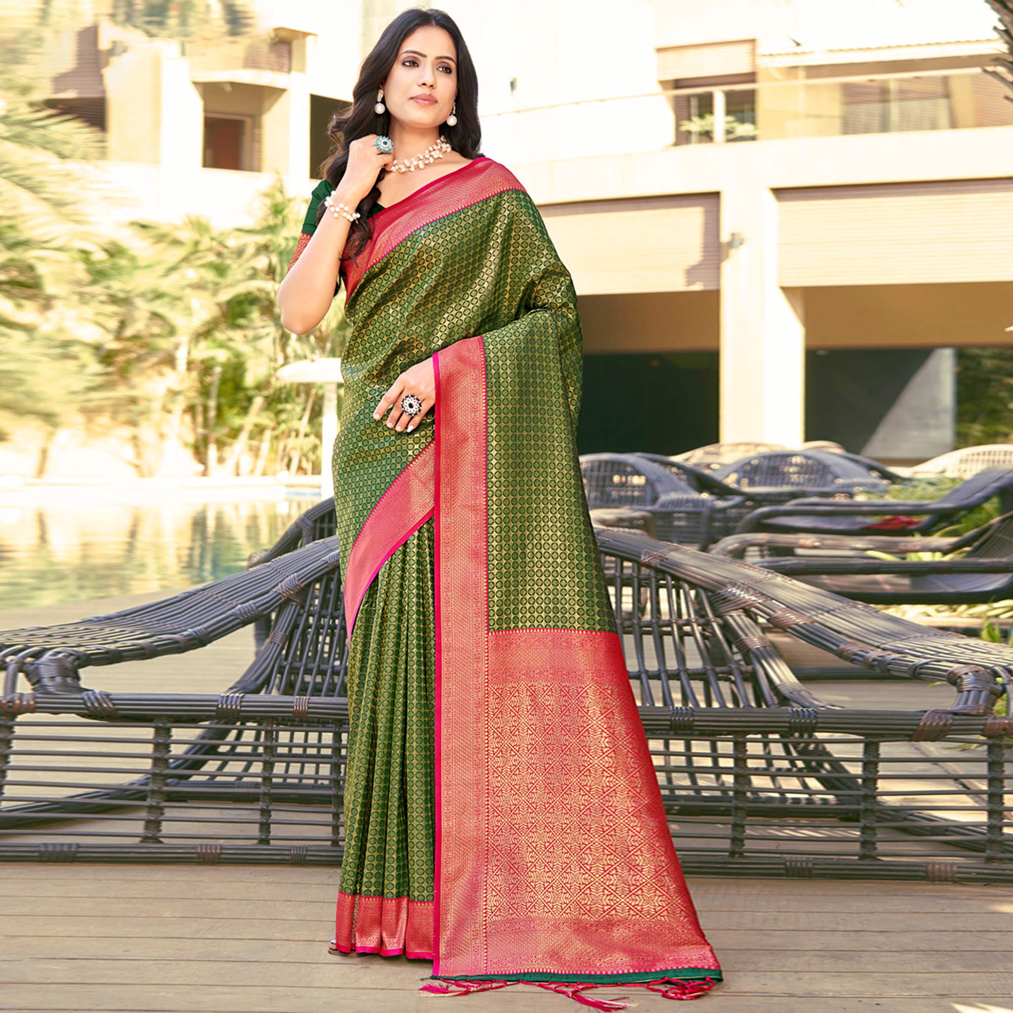 Mehendi Green Woven Banarasi Silk Saree With Tassels