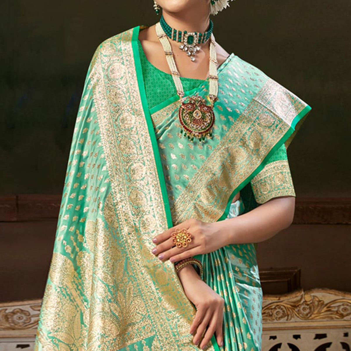 Rama Green Woven Banarasi Silk Saree With Tassels