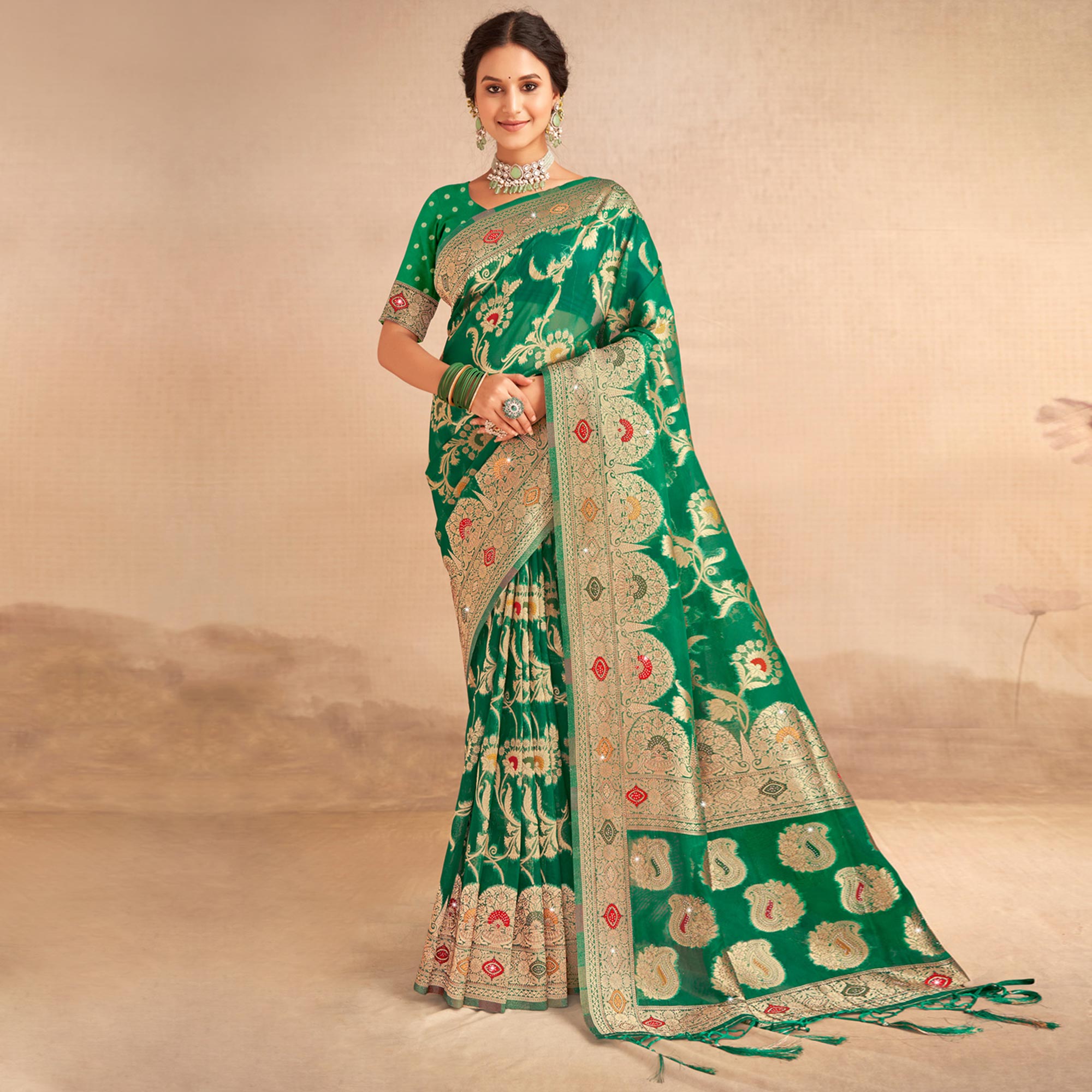Green Woven Organza Saree With Tassels