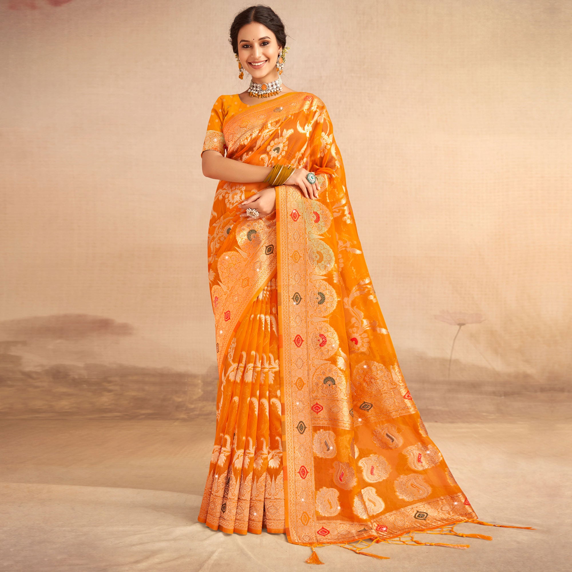 Mustard Woven Organza Saree With Tassels