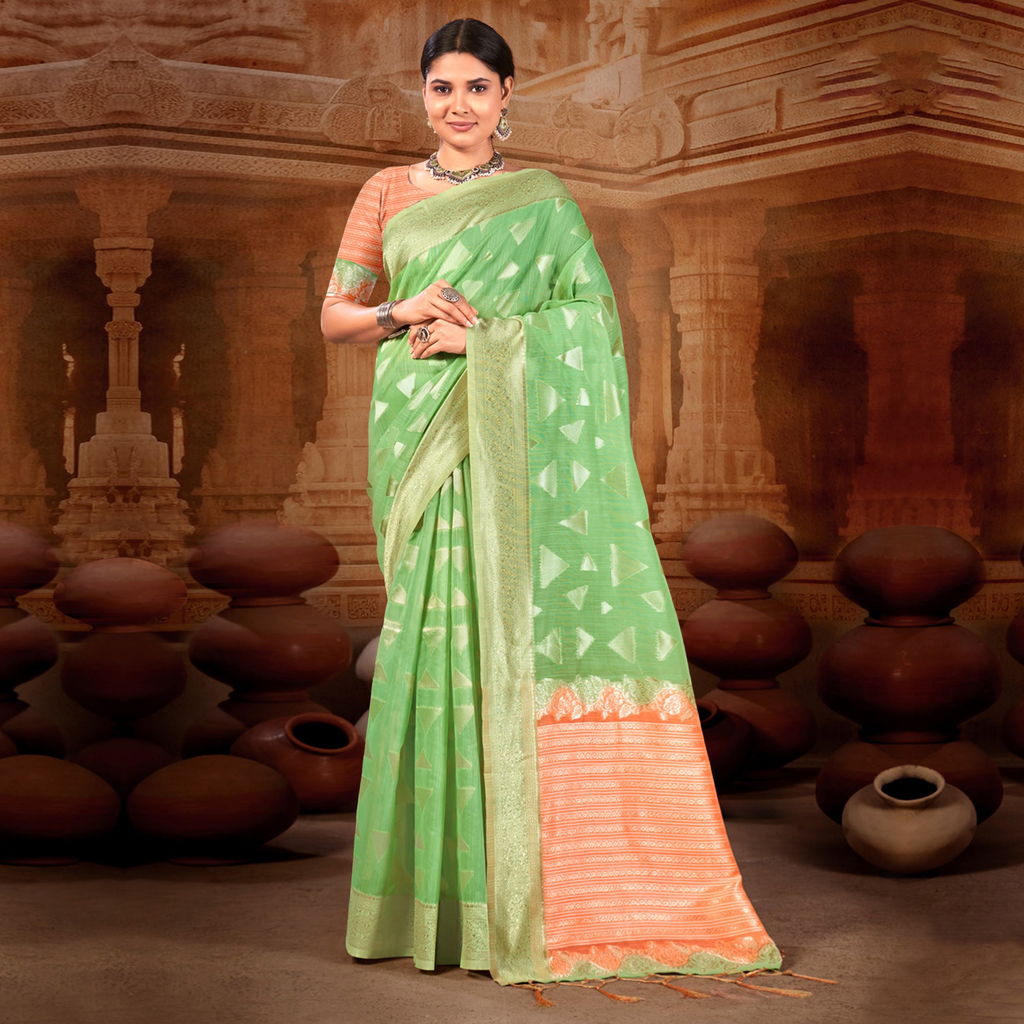 Green Woven Linen Saree With Tassels