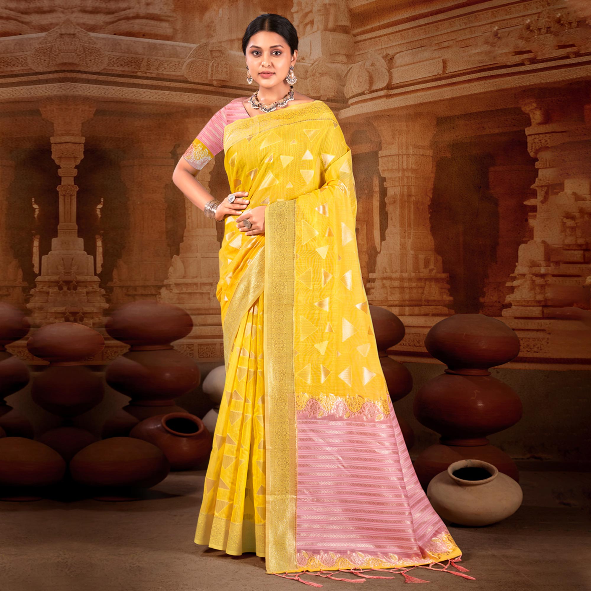 Yellow Woven Linen Saree With Tassels