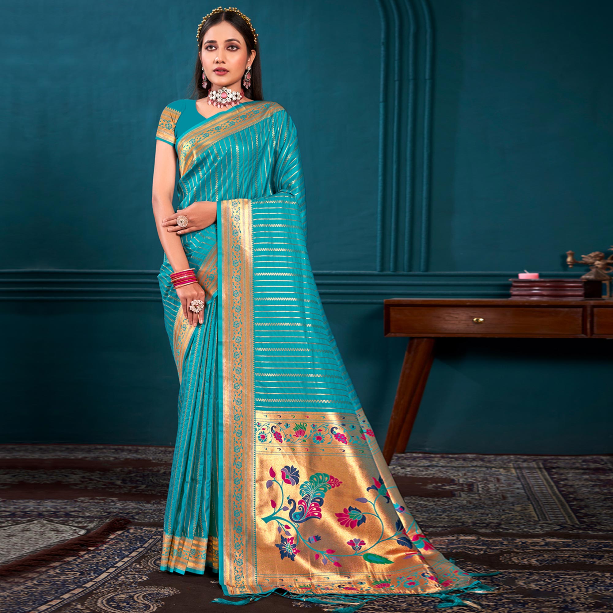 Turquoise Woven Paithani Raw Silk Saree With Tassels