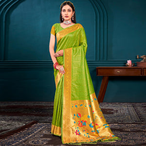 Parrot Green Woven Paithani Raw Silk Saree With Tassels