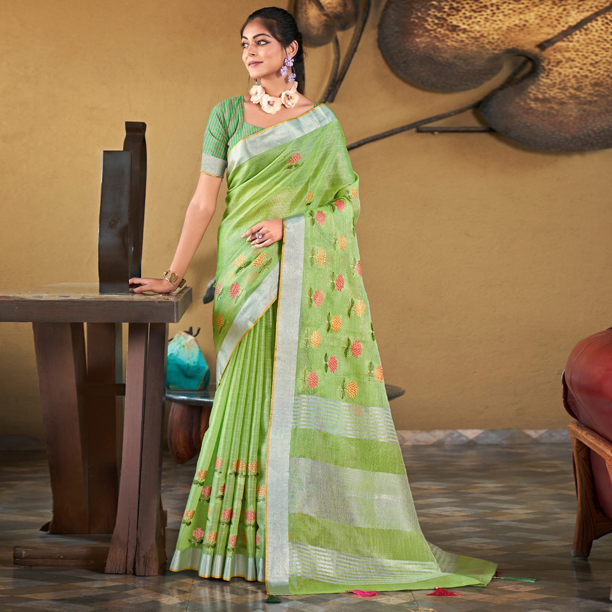 Green Floral Embroidered Linen Saree With Tassels