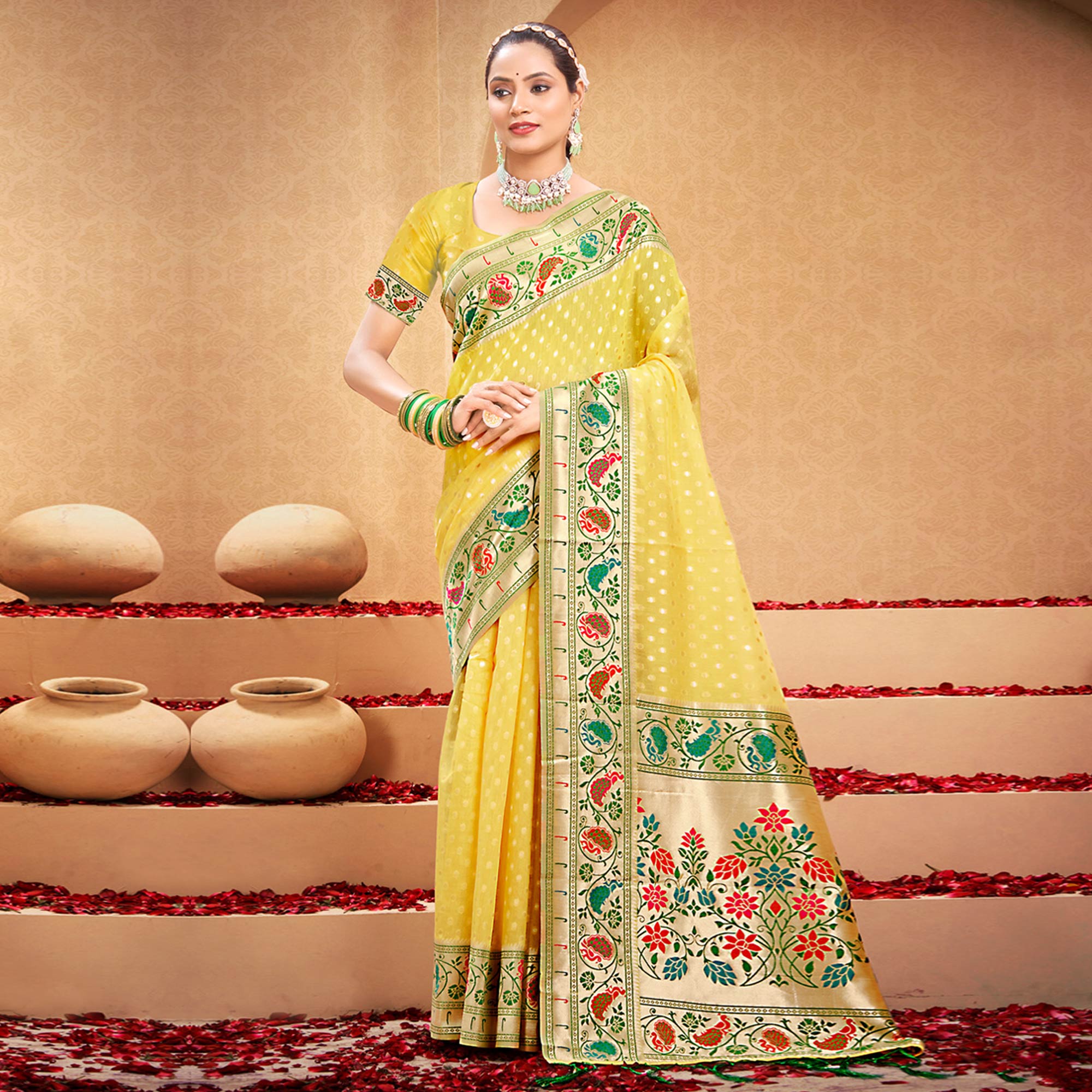 Yellow Floral Woven Cotton Blend Saree With Tassels