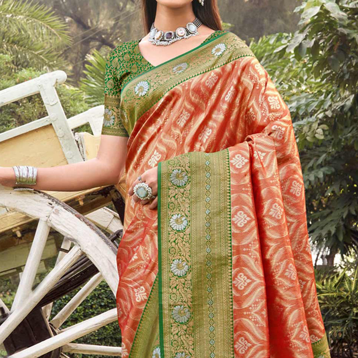 Orange Woven Banarasi Silk Saree With Tassels