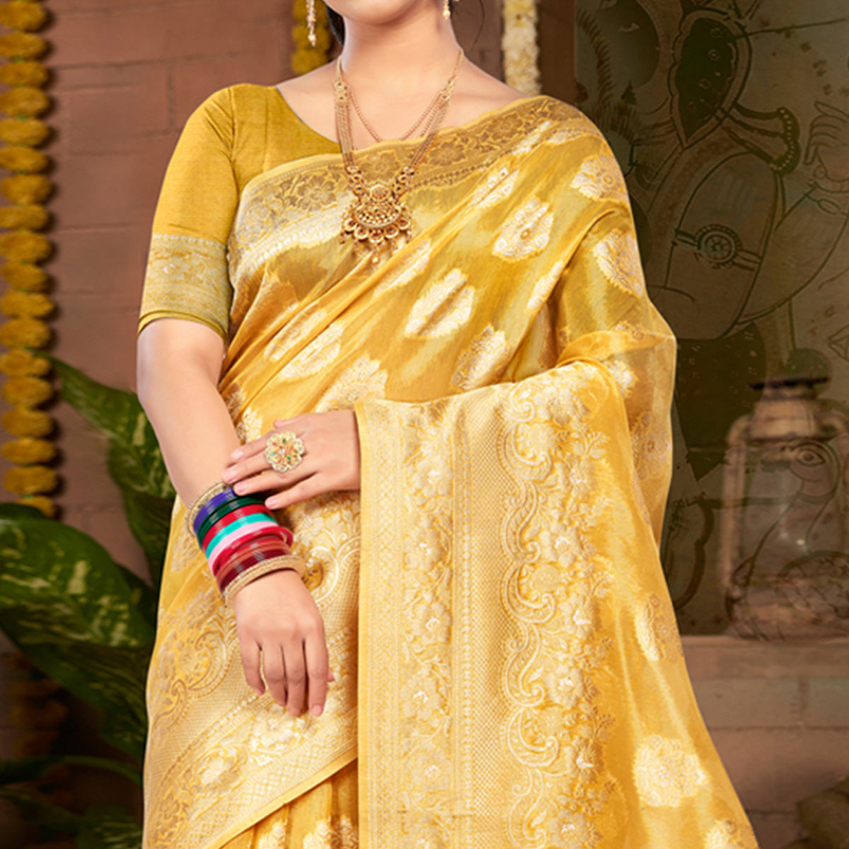 Mustard Floral Woven Kota Doria Saree With Tassels