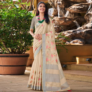 Beige Floral Embroidered Linen Saree With Tassels
