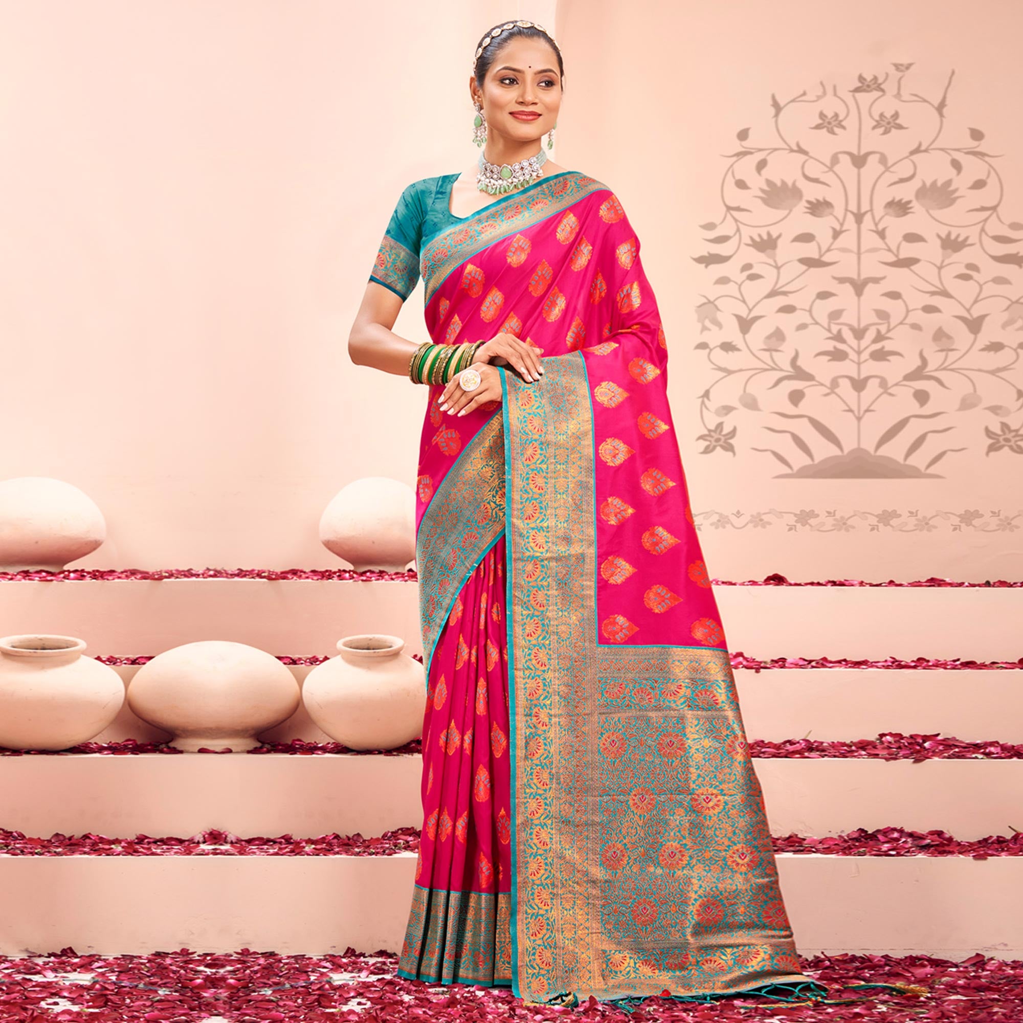 Pink Floral Woven Kanjivaram Silk Saree With Tassels
