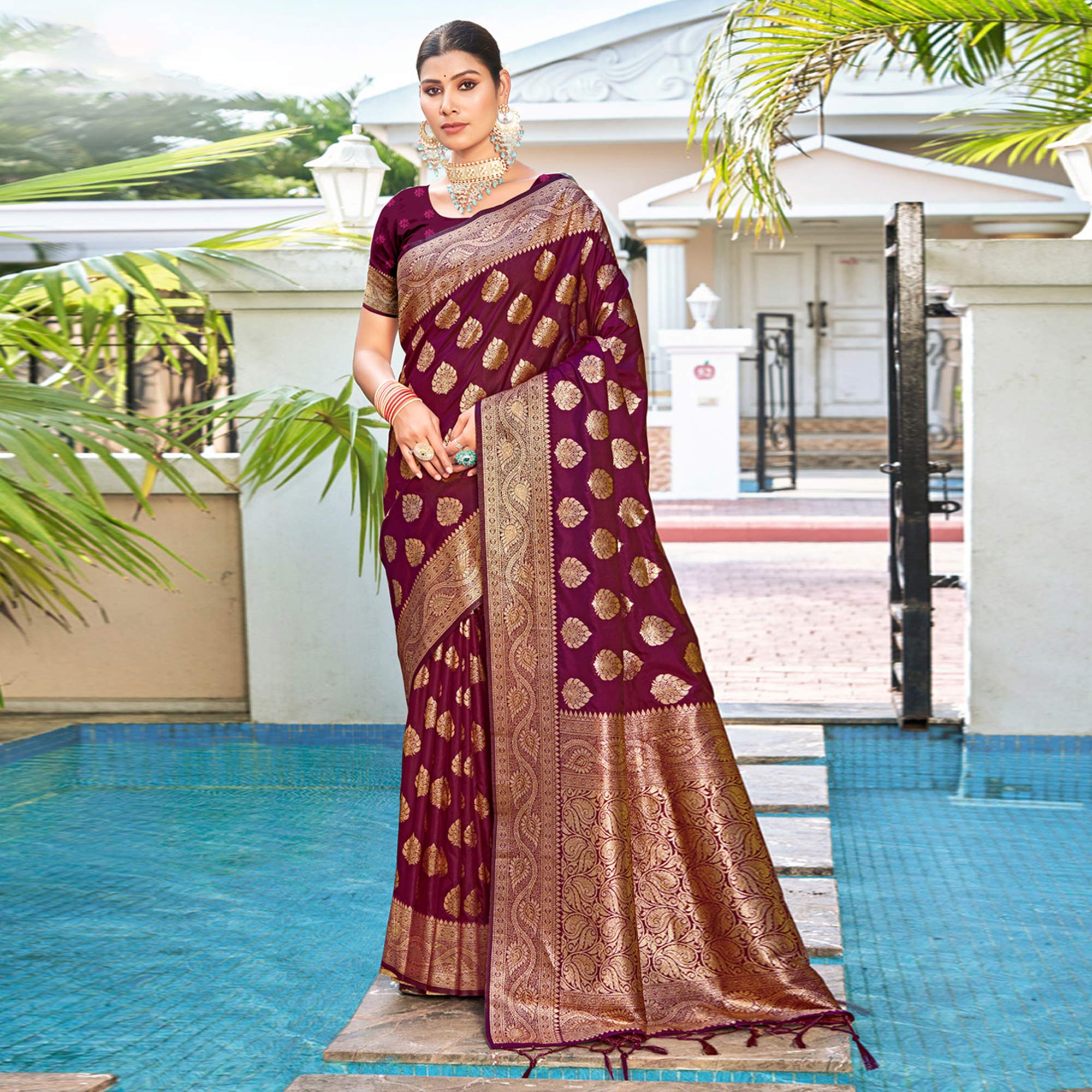 Purple Floral Woven Banarasi Silk Saree