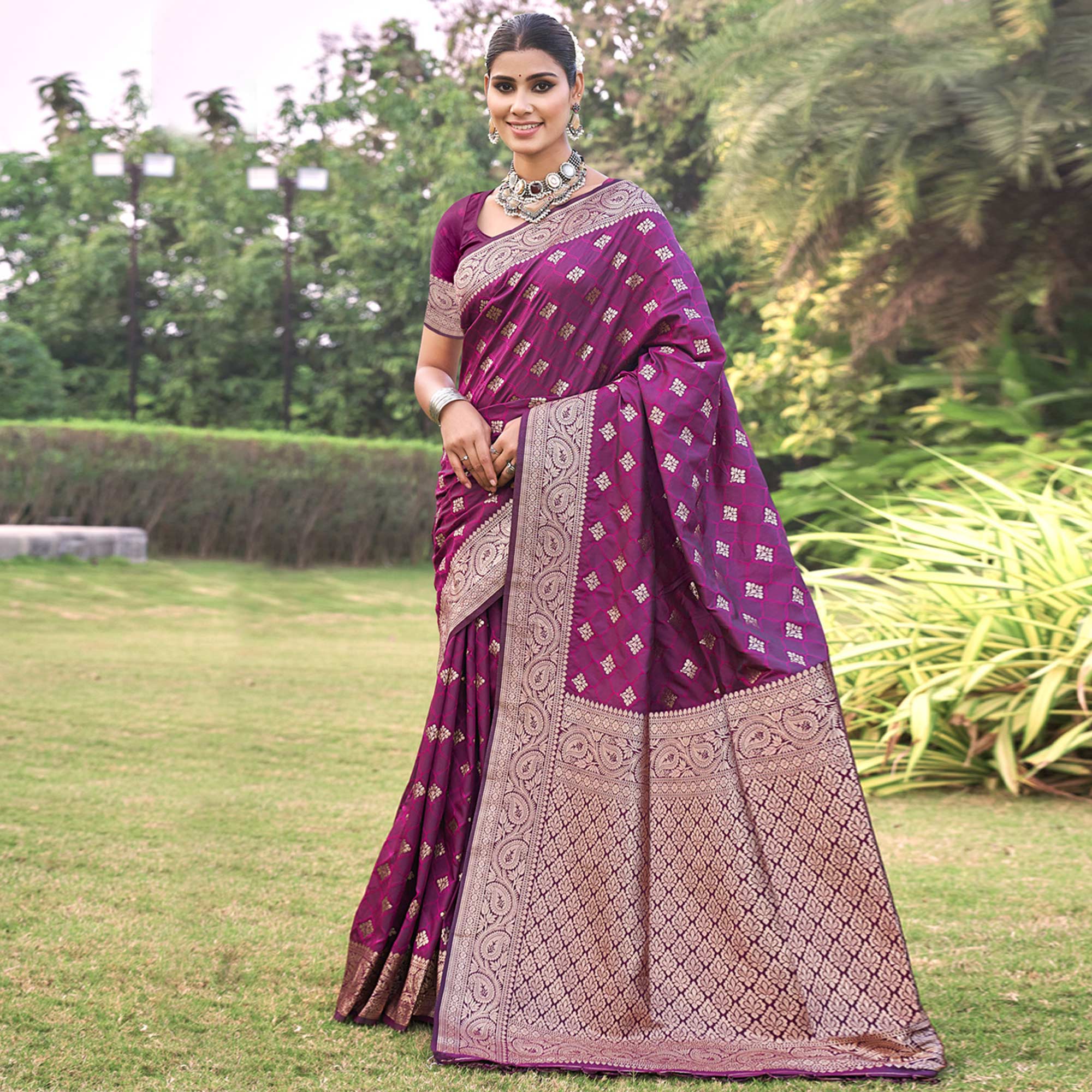 Purple Floral Woven Kanjivaram Silk Saree With Tassels