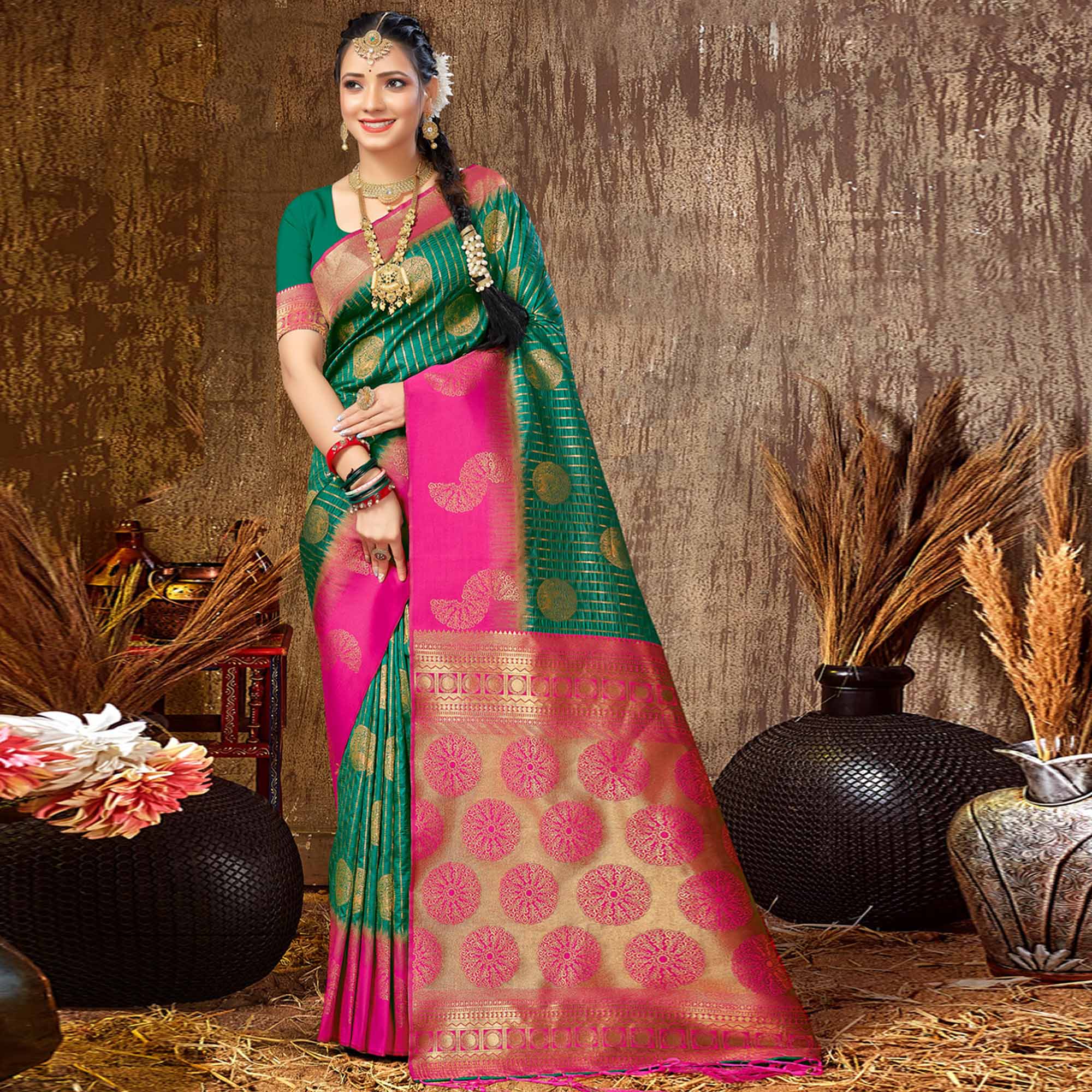Green Woven Banarasi Silk Saree With Tassels