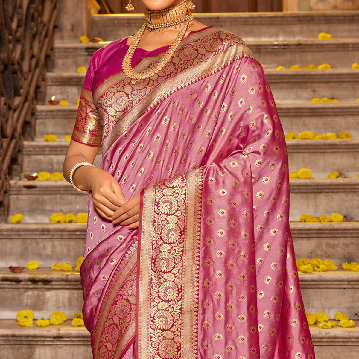 Pink Woven Banarasi Silk Saree With Tassels