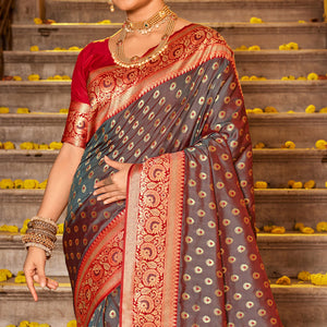 Grey Woven Banarasi Silk Saree With Tassels