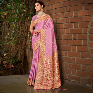 Light Pink Woven Satin Silk Saree With Tassels