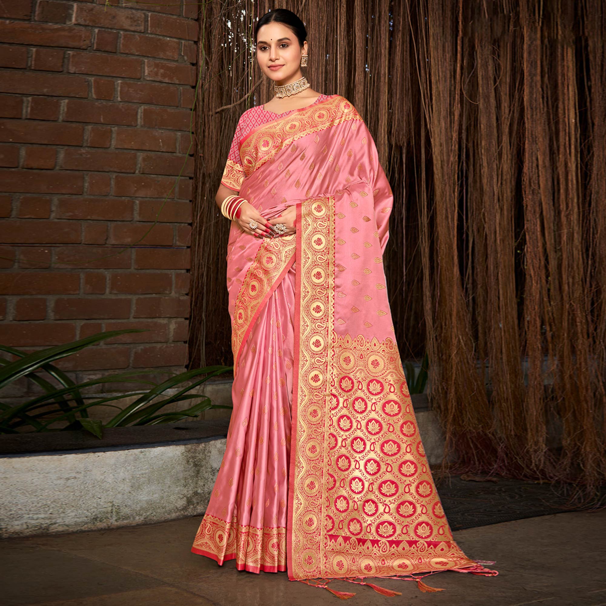 Pink Woven Satin Silk Saree With Tassels