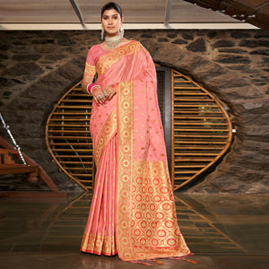 Peach Woven Satin Silk Saree With Tassels
