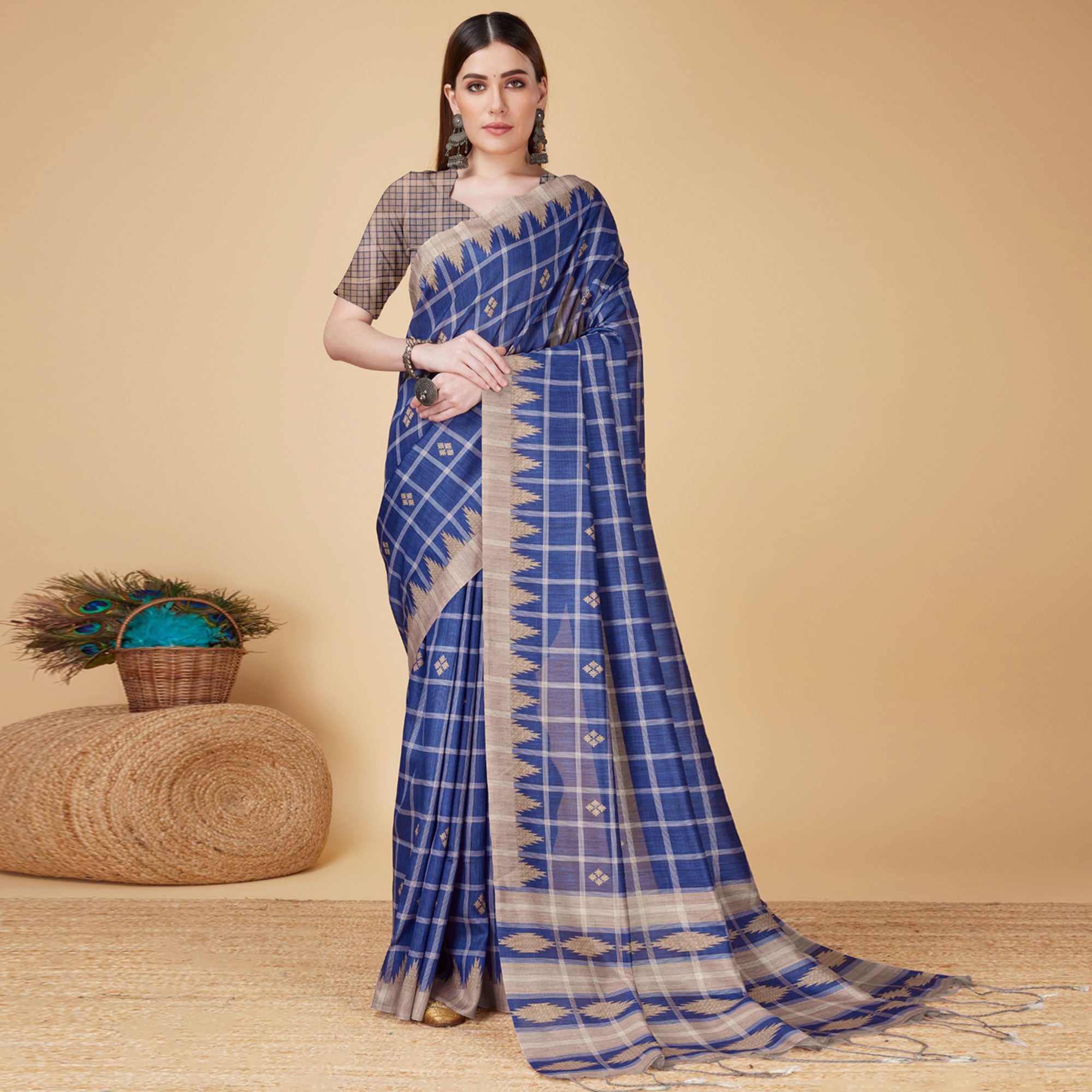 Blue Digital Printed Cotton Silk Saree With Tassels