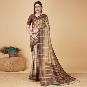 Beige Digital Printed Cotton Silk Saree With Tassels
