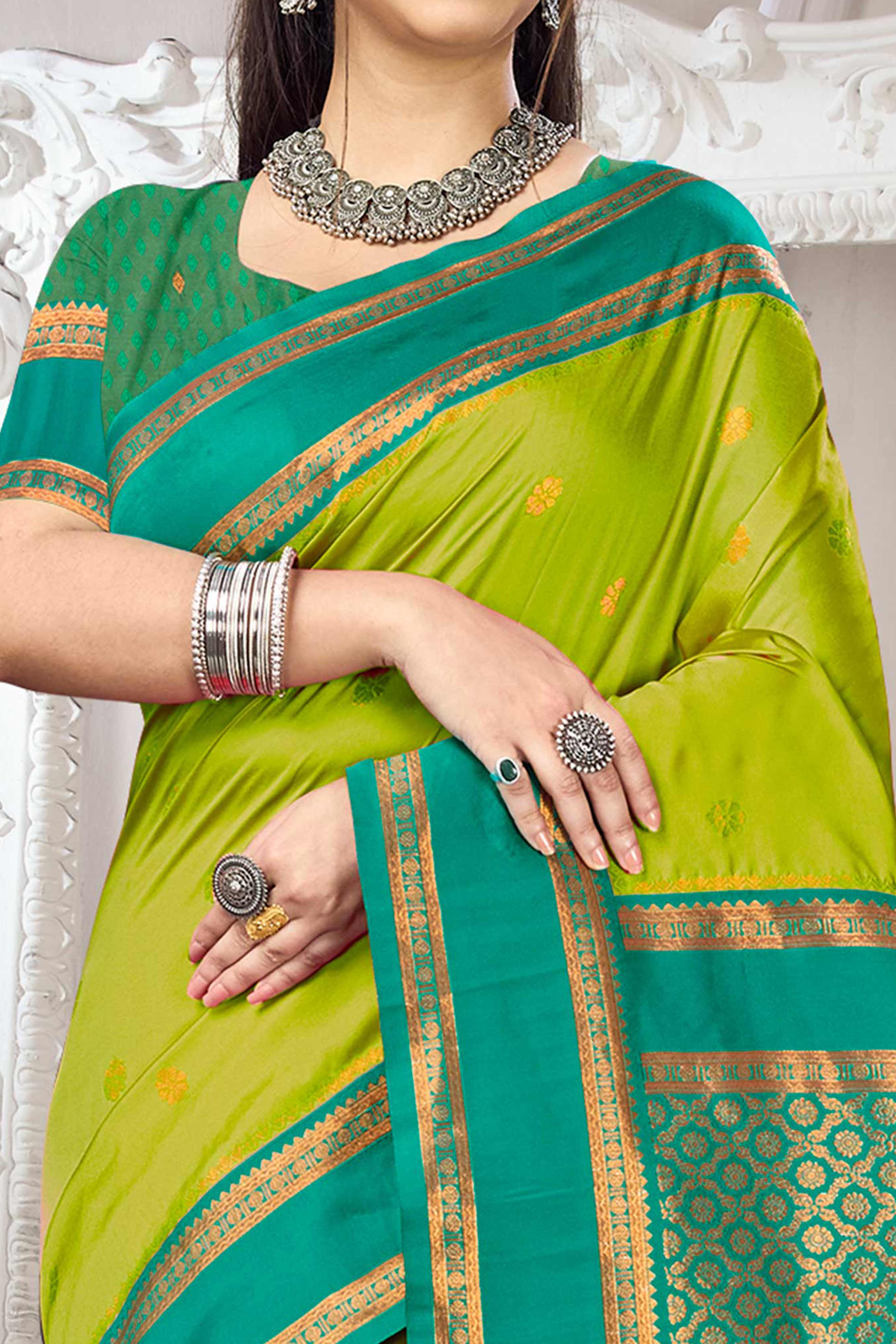 Classic Parrot Green Floral Motif Weaving Silk Blend Saree With Tassel Pallu