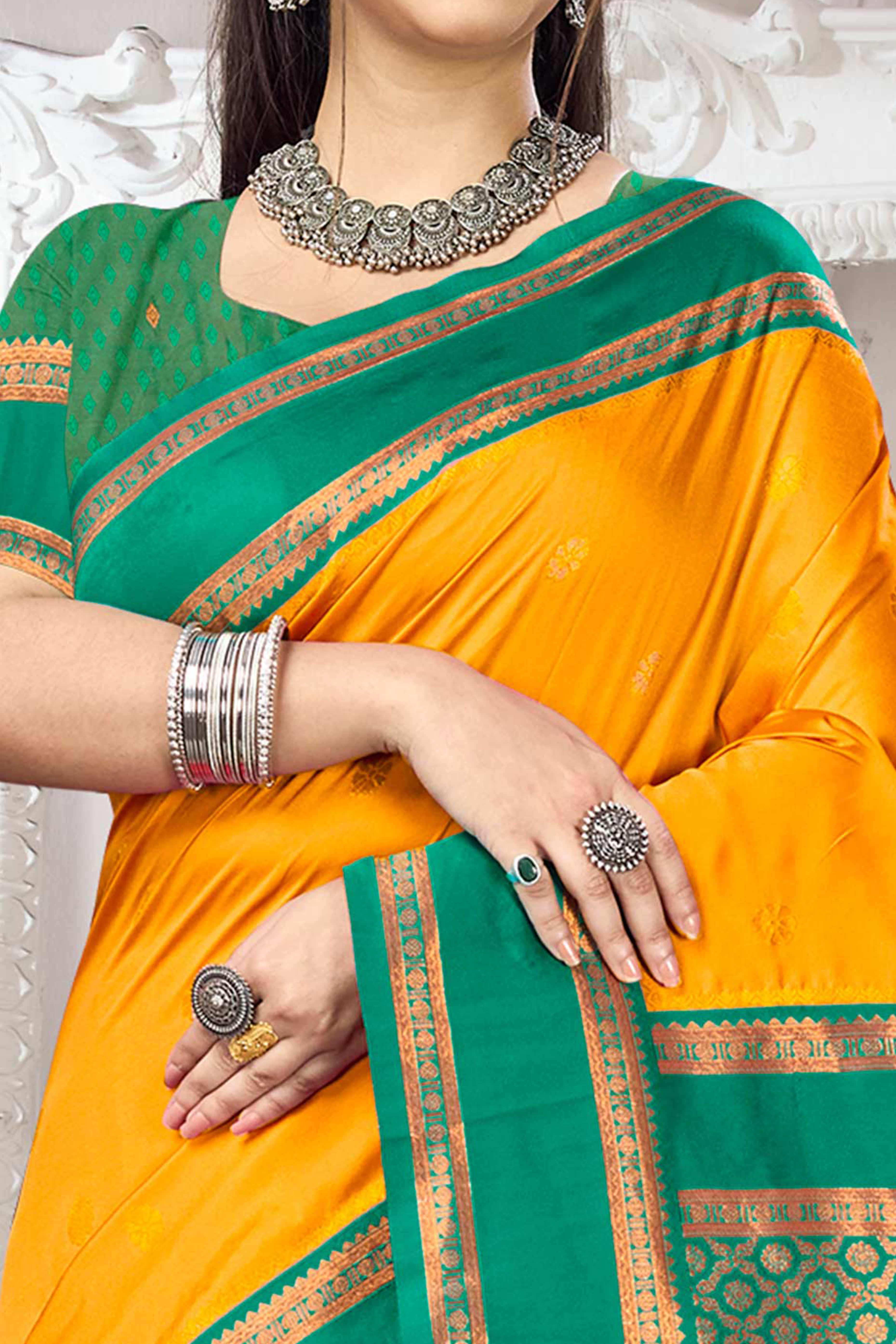 Classic Mustard Floral Motif Weaving Silk Blend Saree With Tassel Pallu