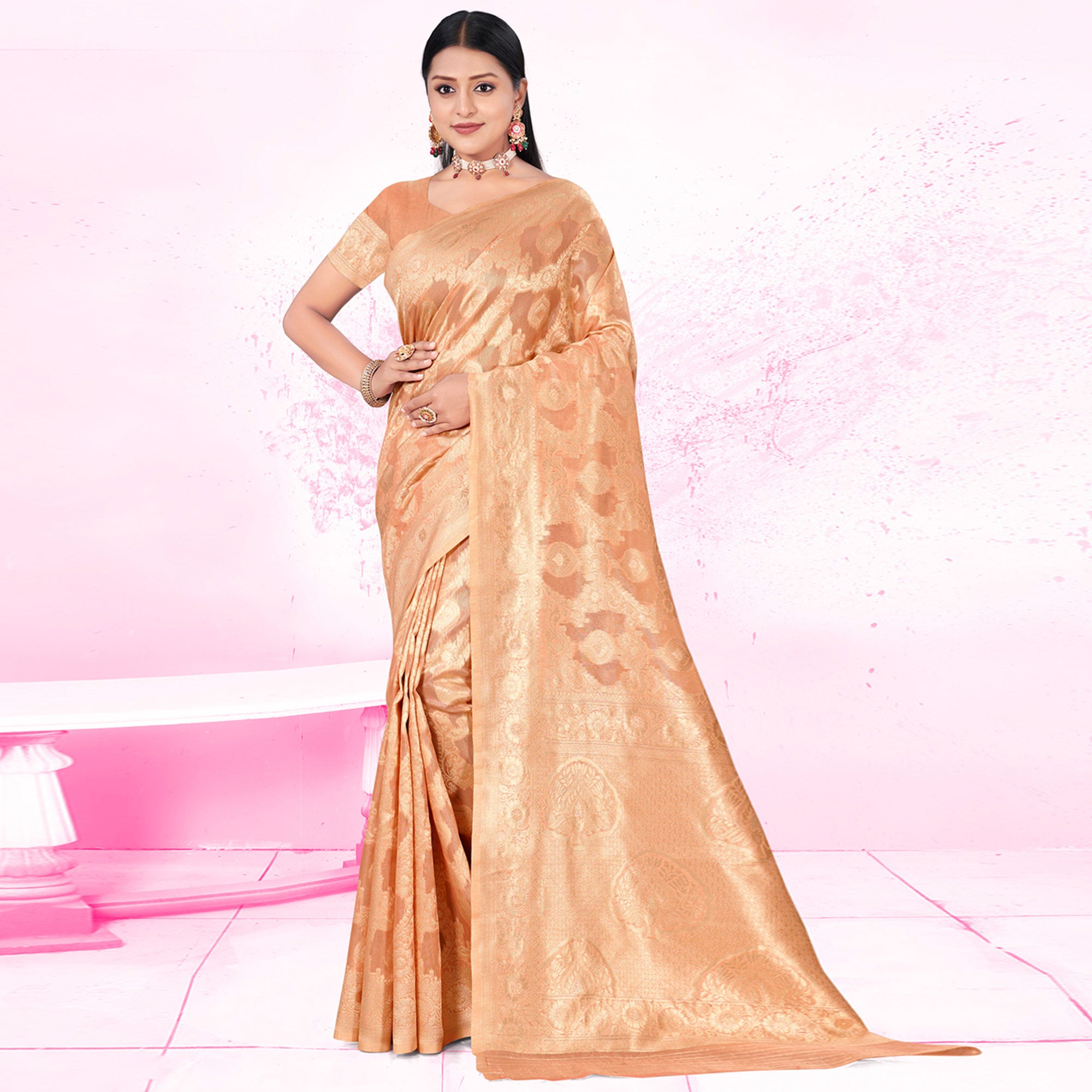 Peach Woven Cotton Blend Saree