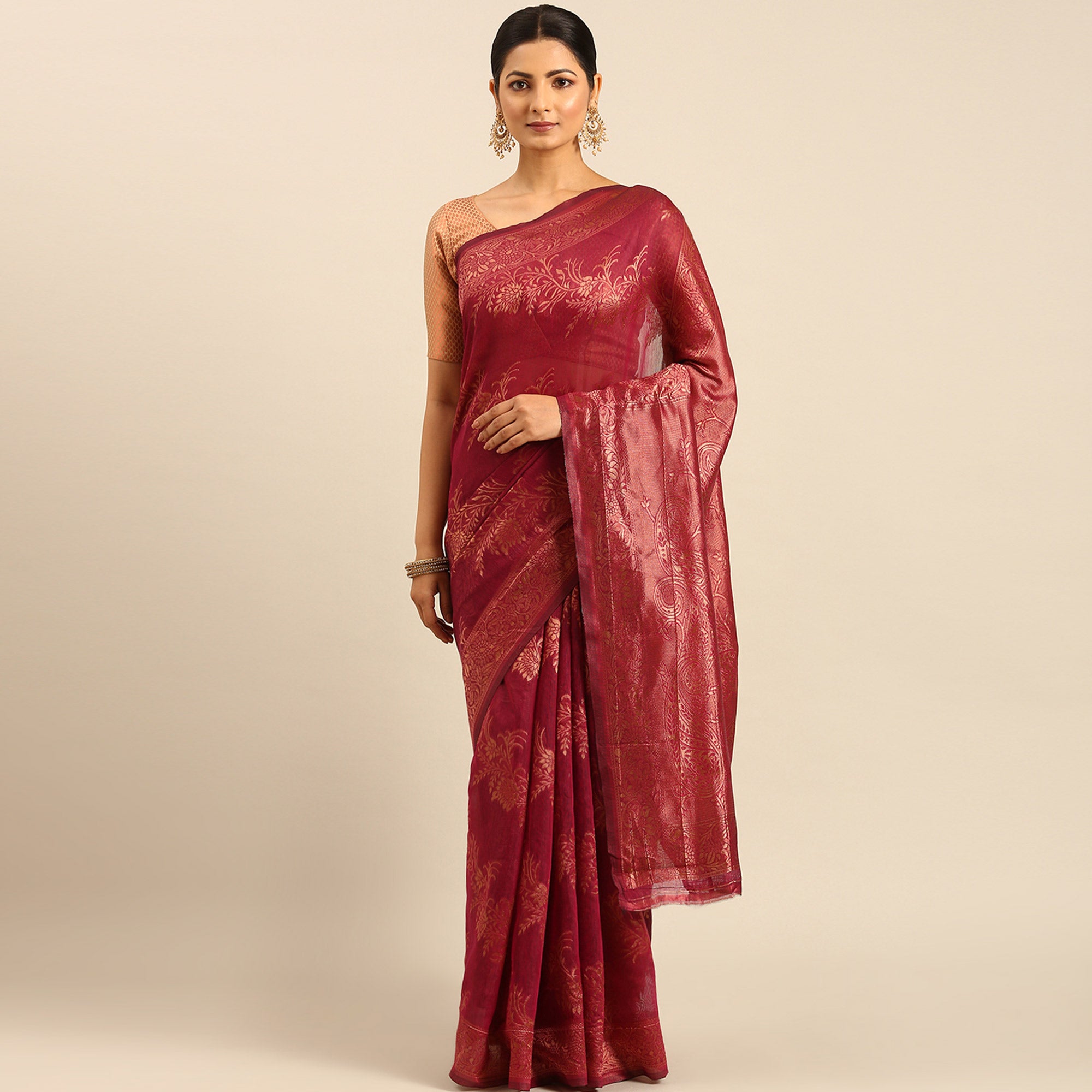 Magenta Floral Woven Cotton Silk Saree