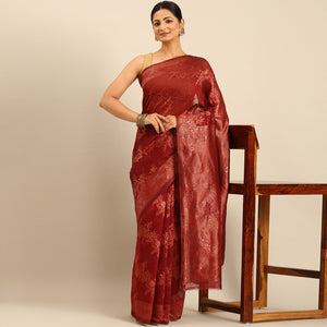 Maroon Floral Woven Cotton Silk Saree