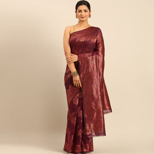 Wine Floral Woven Cotton Silk Saree