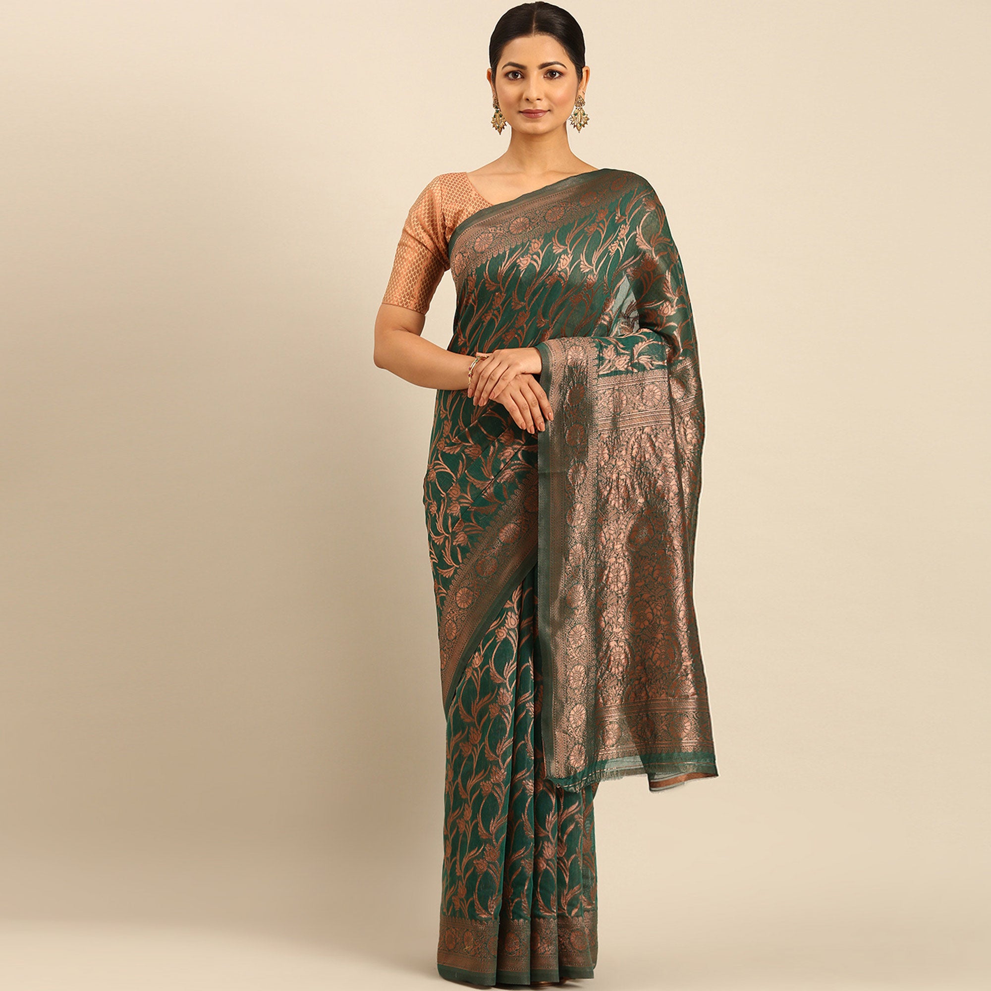 Rama Green Floral Woven Cotton Silk Saree