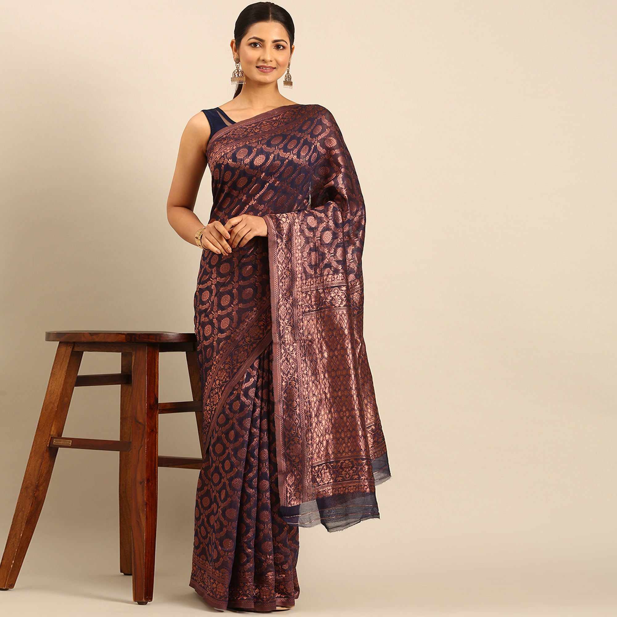 Navy Blue Floral Woven Cotton Silk Saree