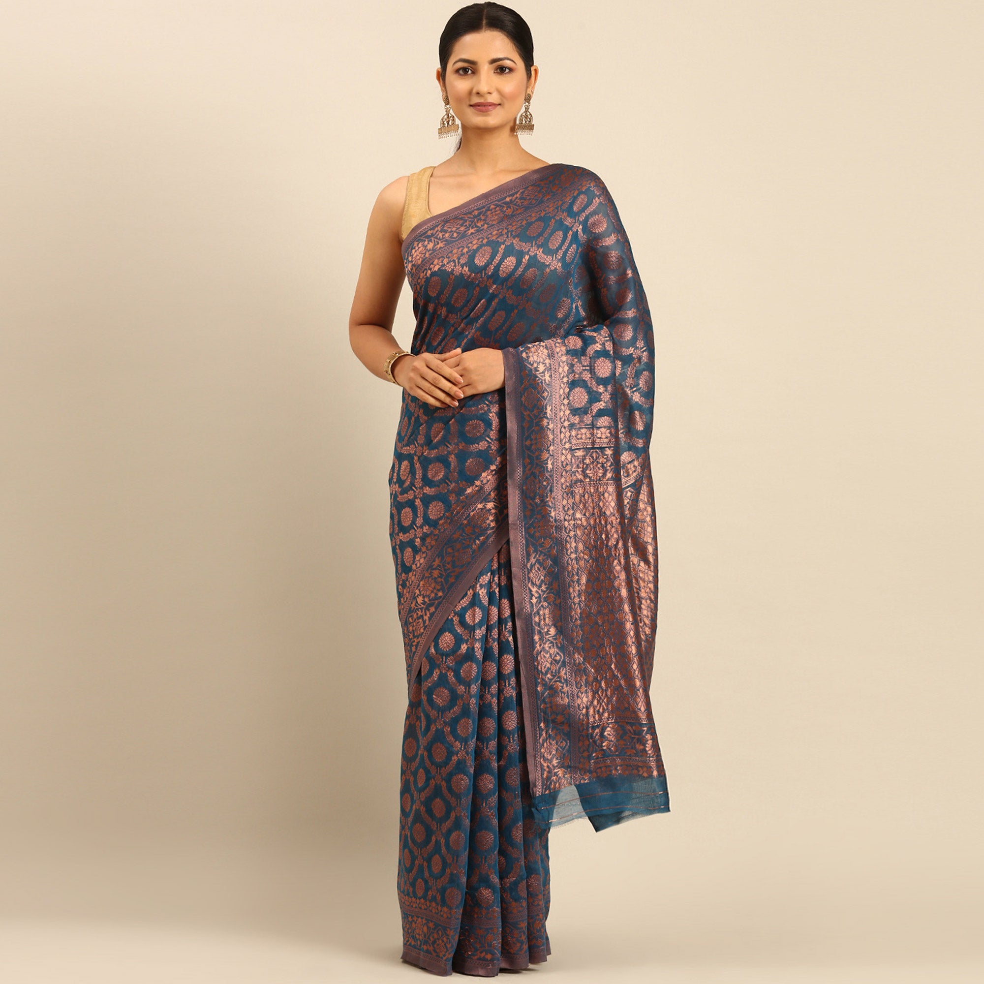Teal Floral Woven Cotton Silk Saree