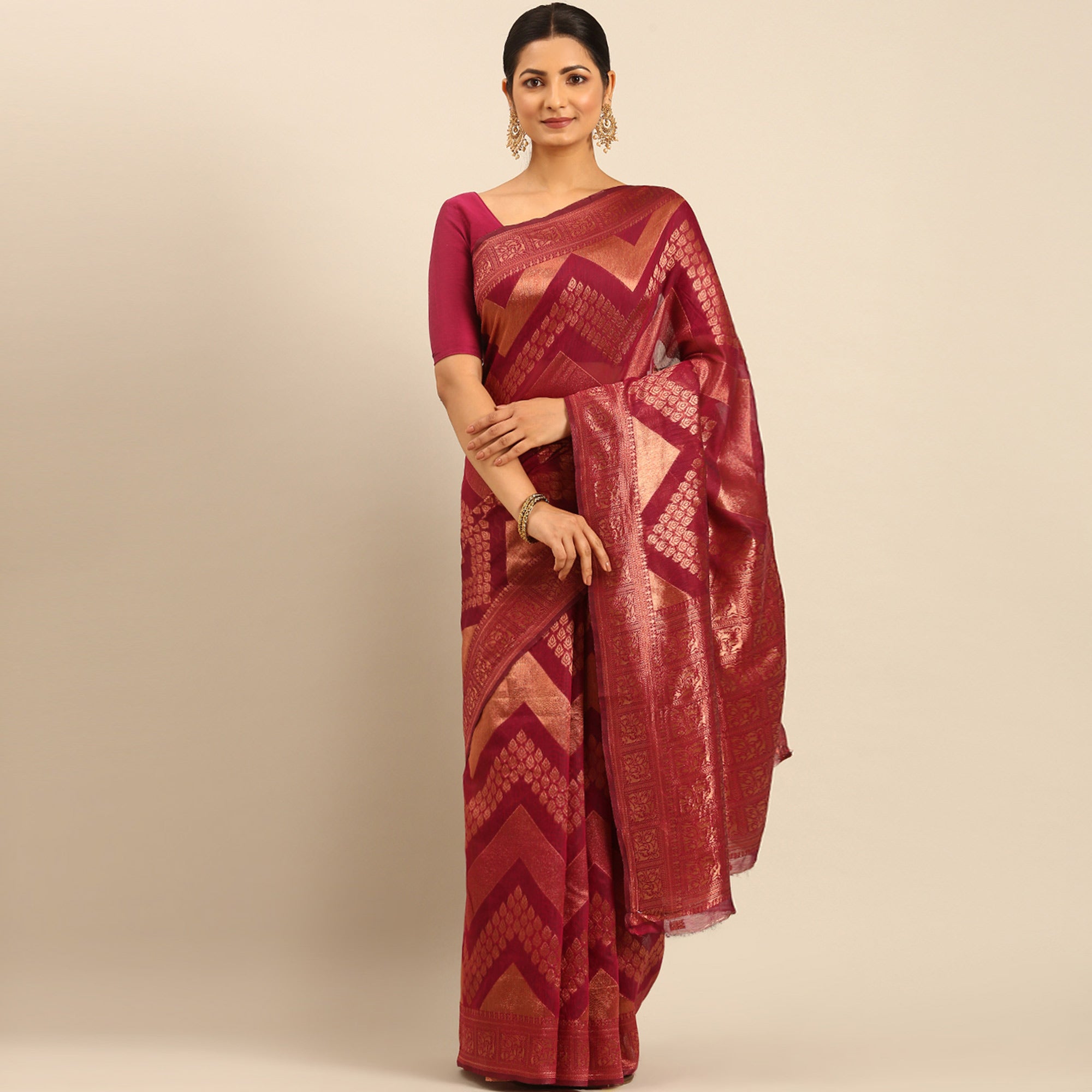 Magenta Floral Woven Cotton Silk Saree