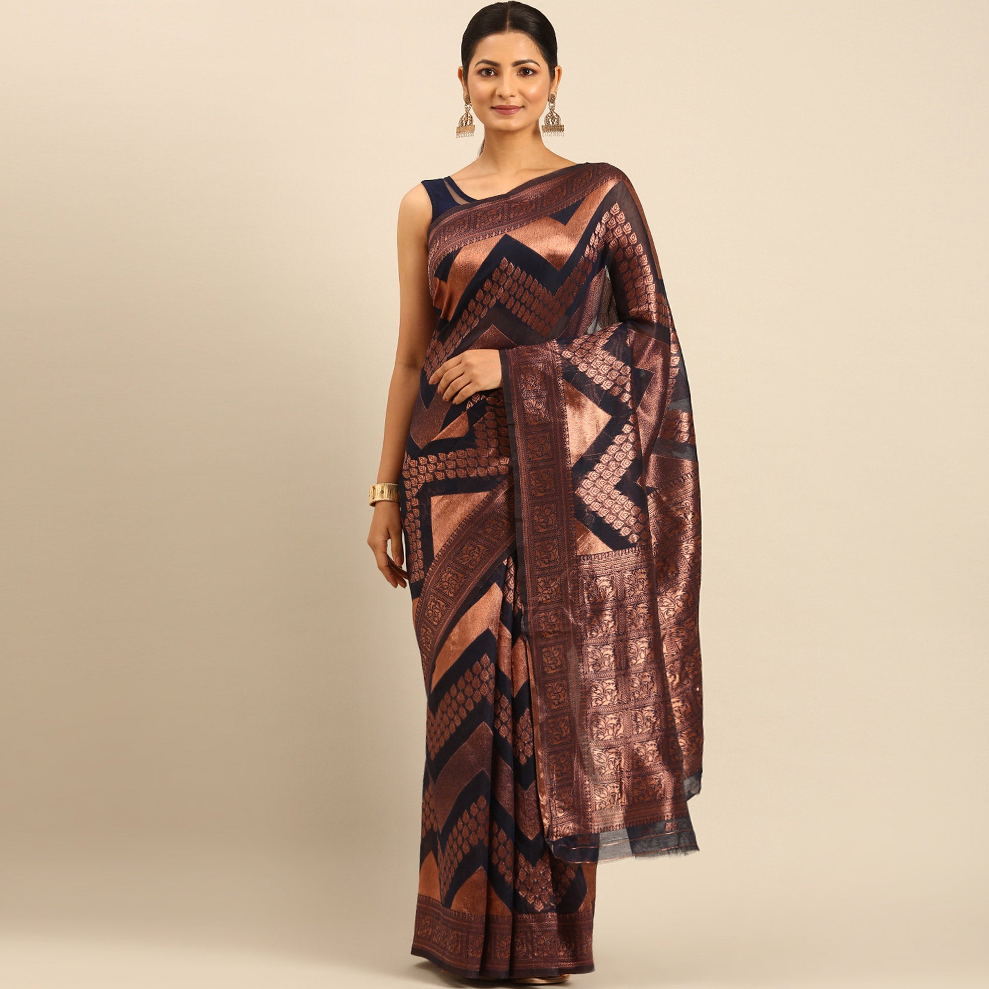 Navy Blue Floral Woven Cotton Silk Saree