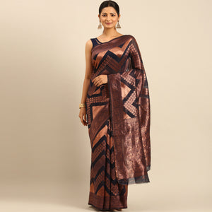 Navy Blue Floral Woven Cotton Silk Saree