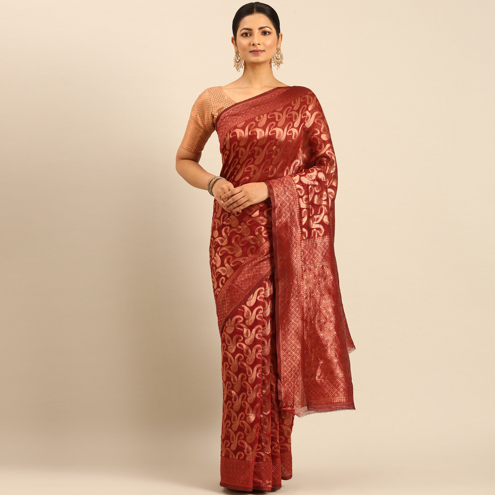 Maroon Floral Woven Cotton Silk Saree
