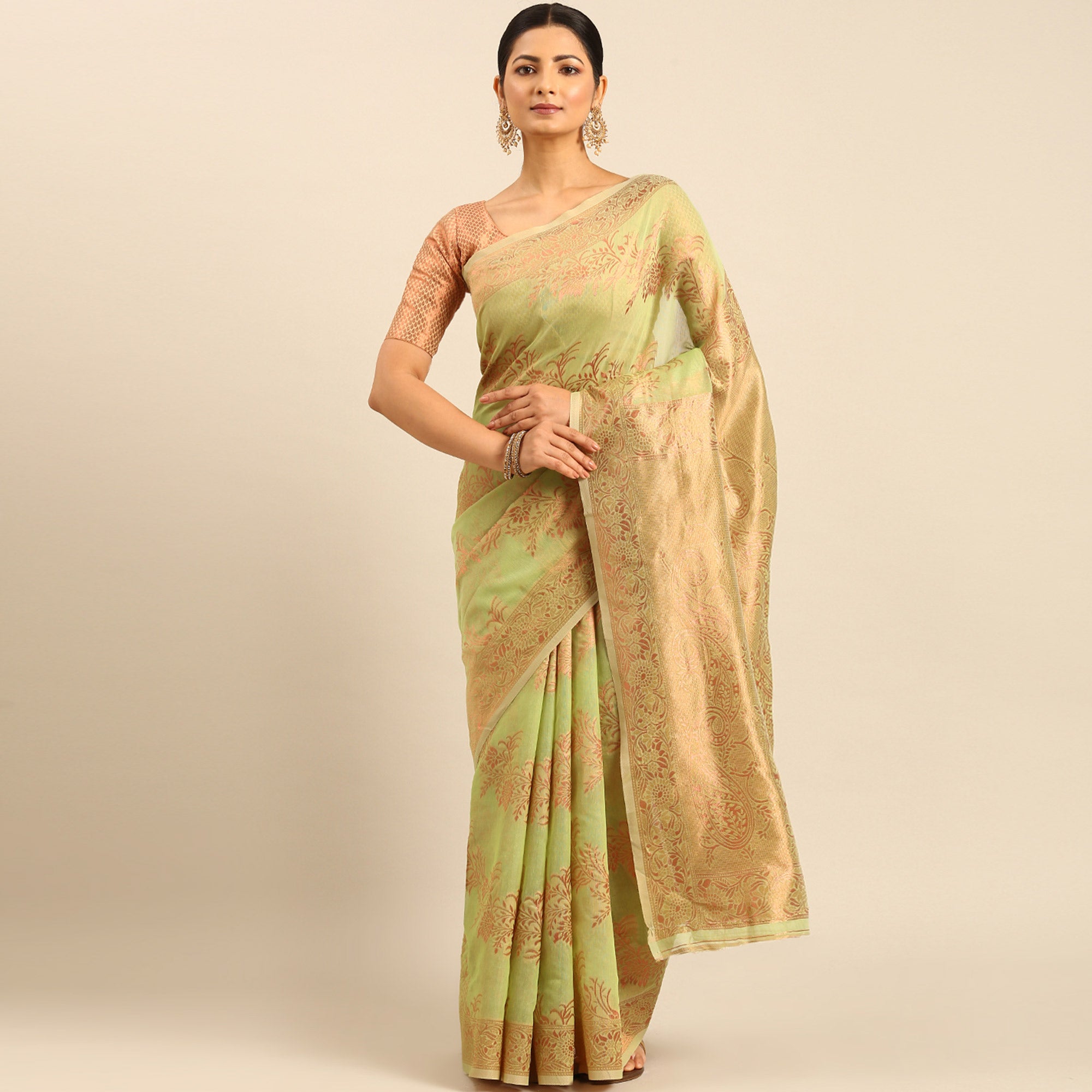 Green Floral Woven Cotton Silk Saree