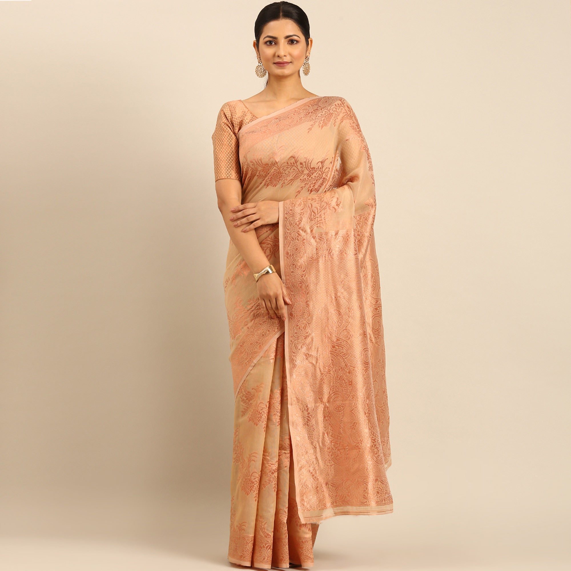Beige Floral Woven Cotton Silk Saree