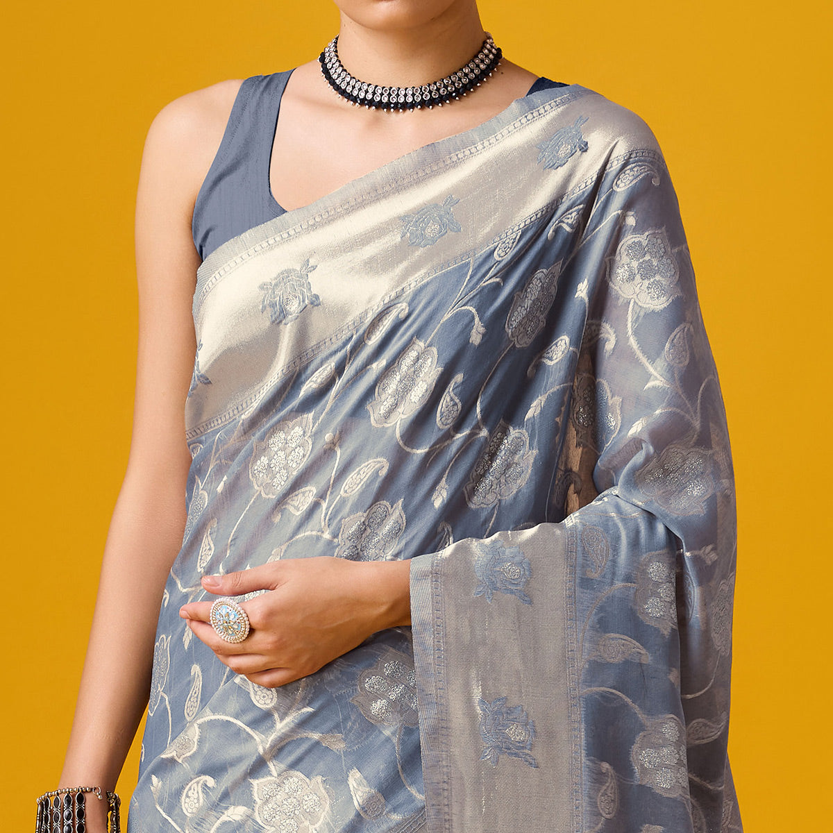 Grey Floral Woven Cotton Blend Saree