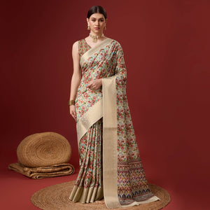 Beige Digital Printed Cotton Silk Saree With Border