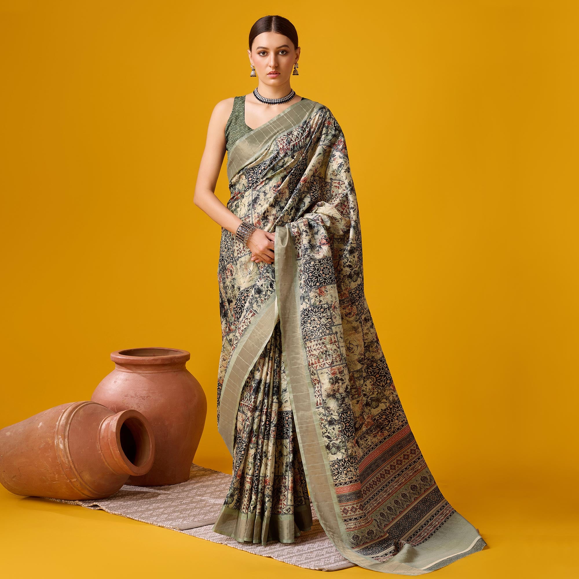 Beige Digital Printed Cotton Silk Saree With Border