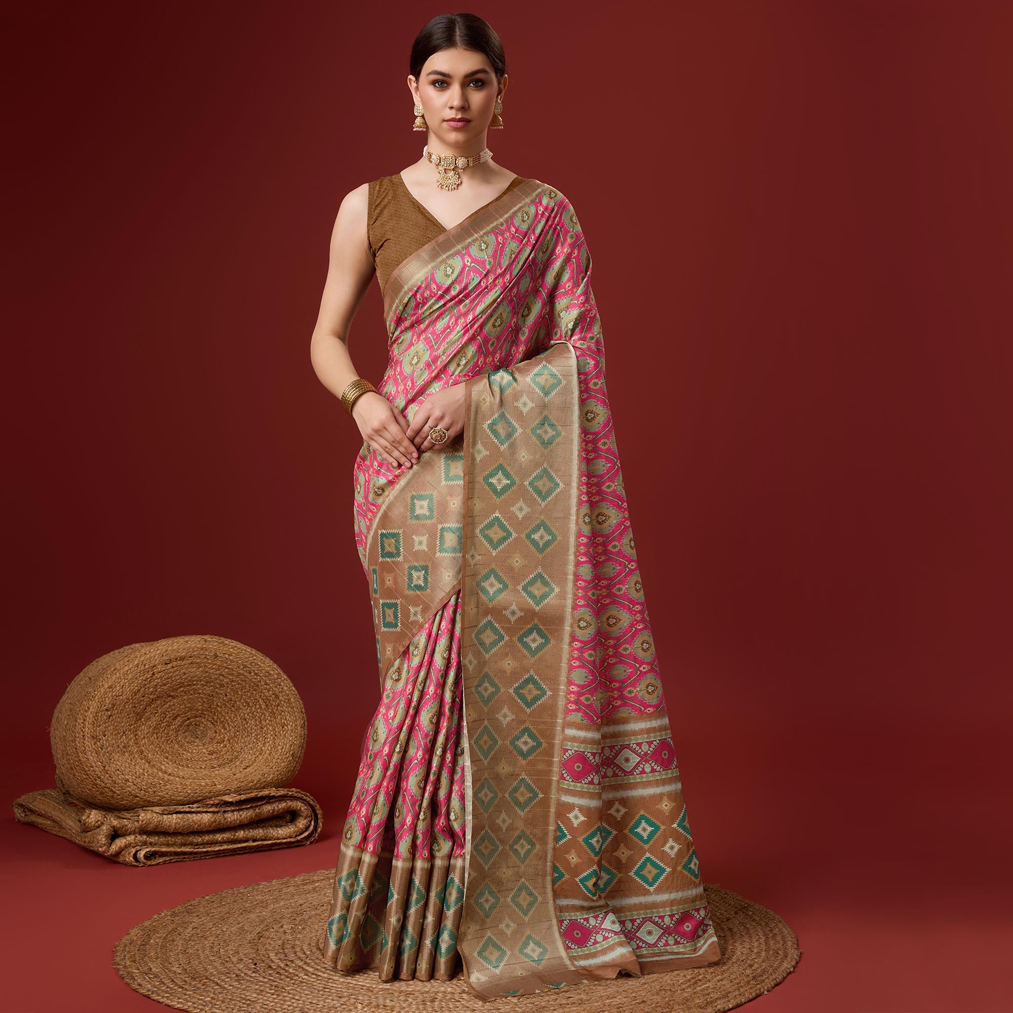 Pink Digital Printed Cotton Silk Saree With Border