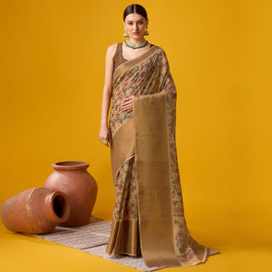 Beige Digital Printed Cotton Silk Saree With Border