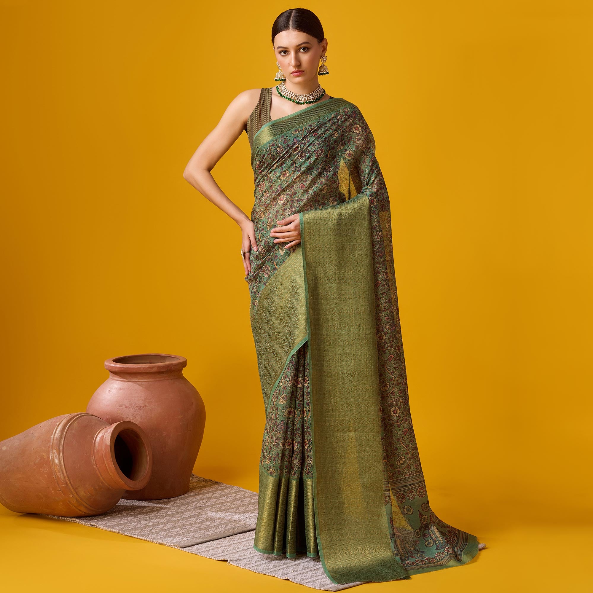 Dusty Green Digital Printed Cotton Silk Saree With Border