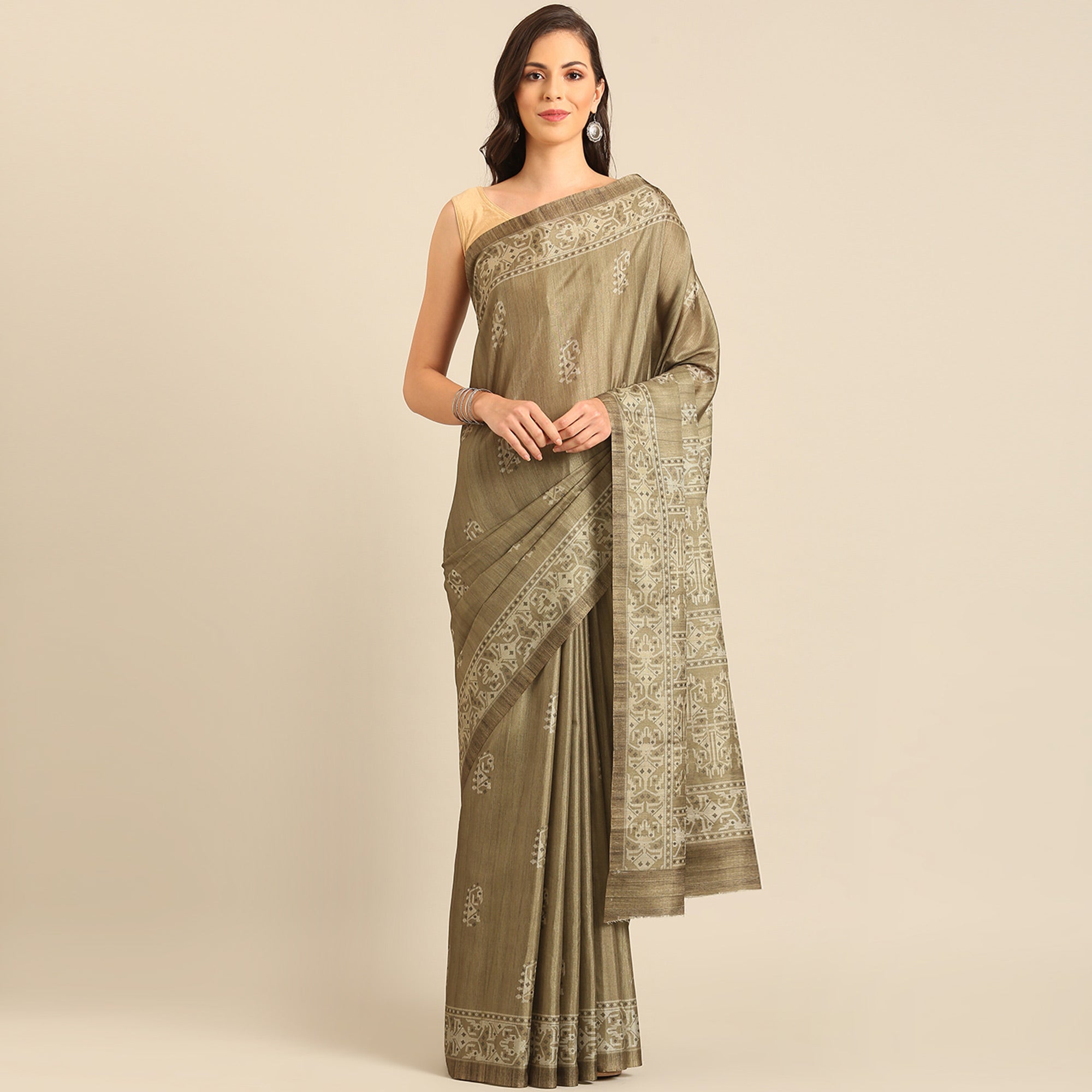 Taupe Digital Printed Cotton Blend Saree