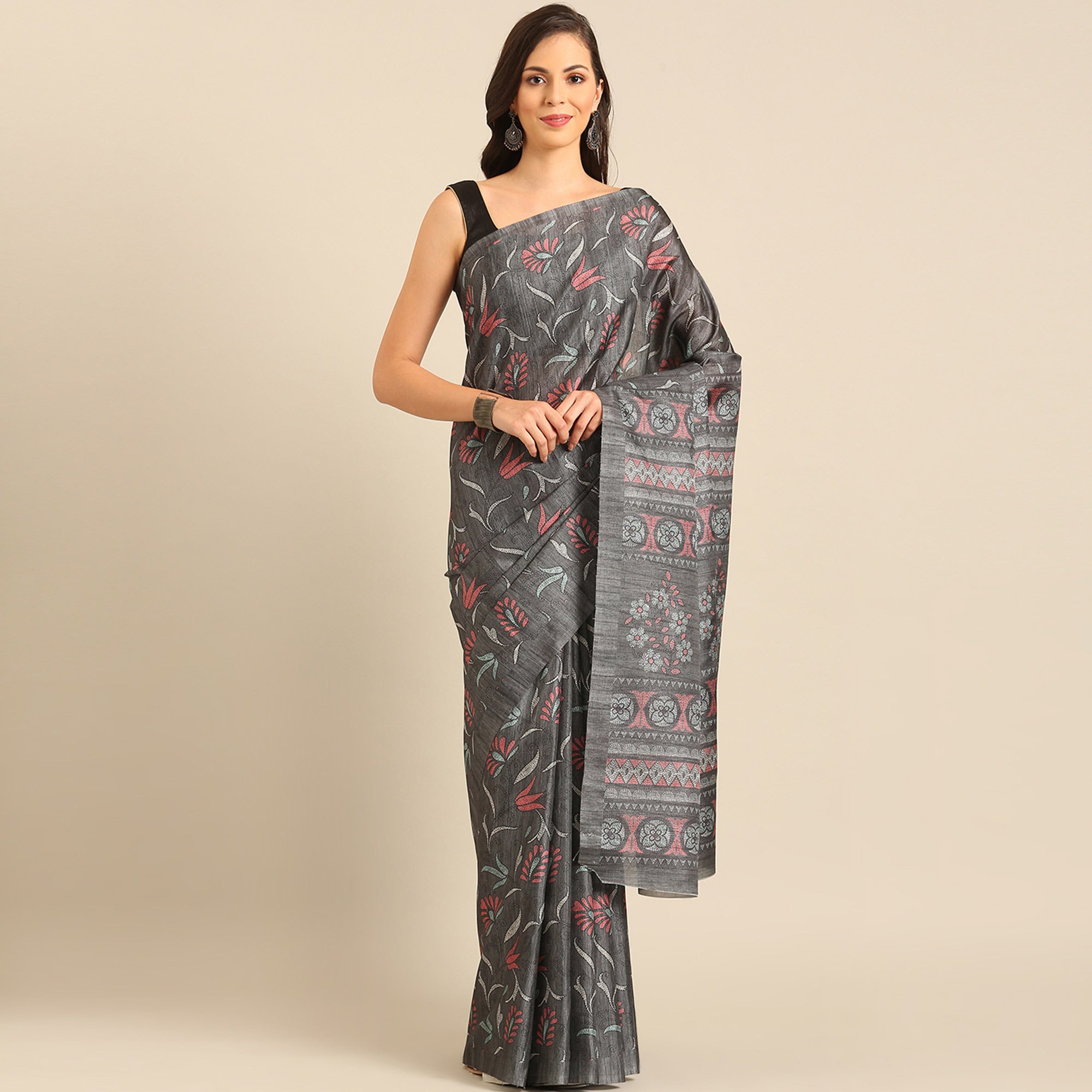 Grey Floral Digital Printed Cotton Blend Saree