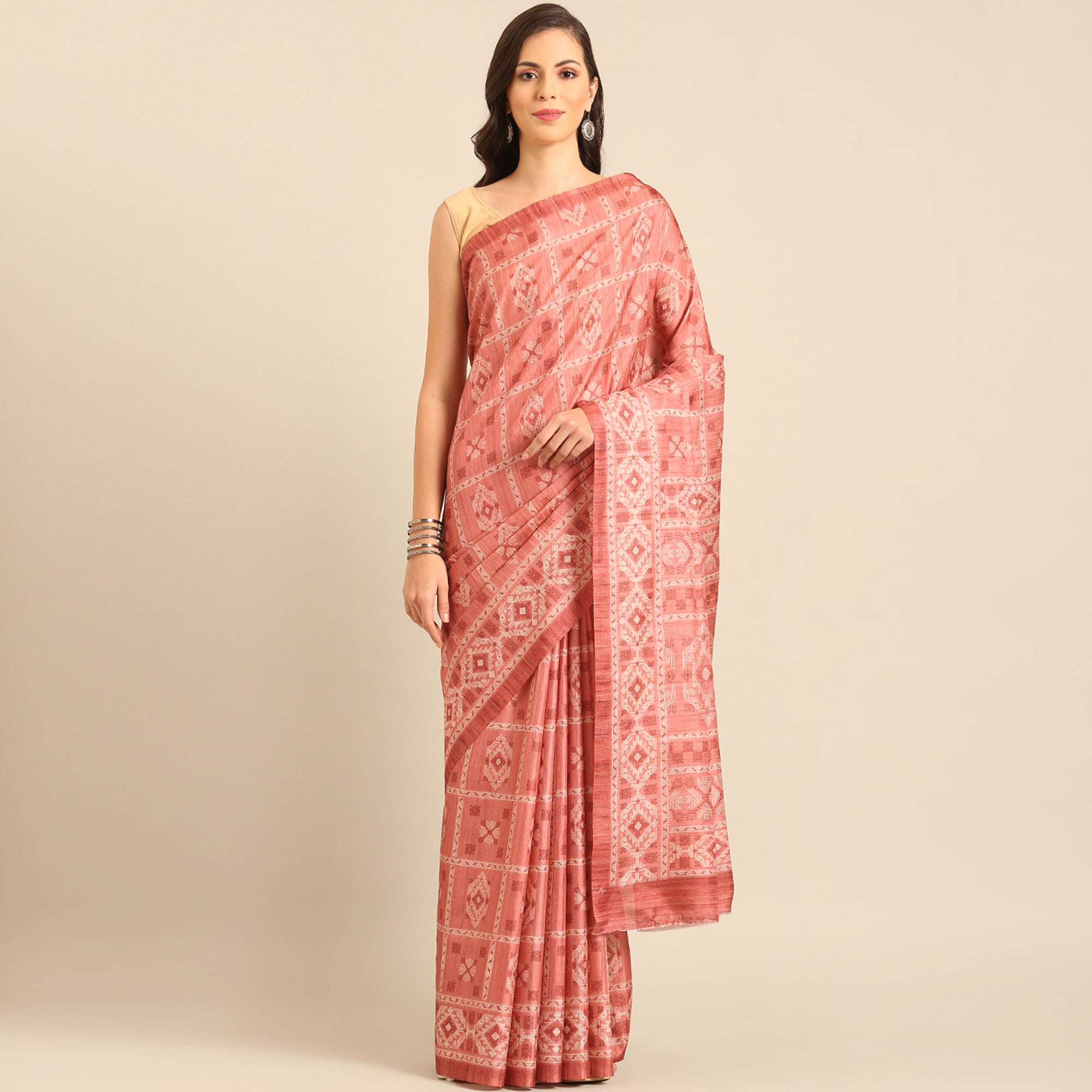 Peach Floral Digital Printed Cotton Blend Saree