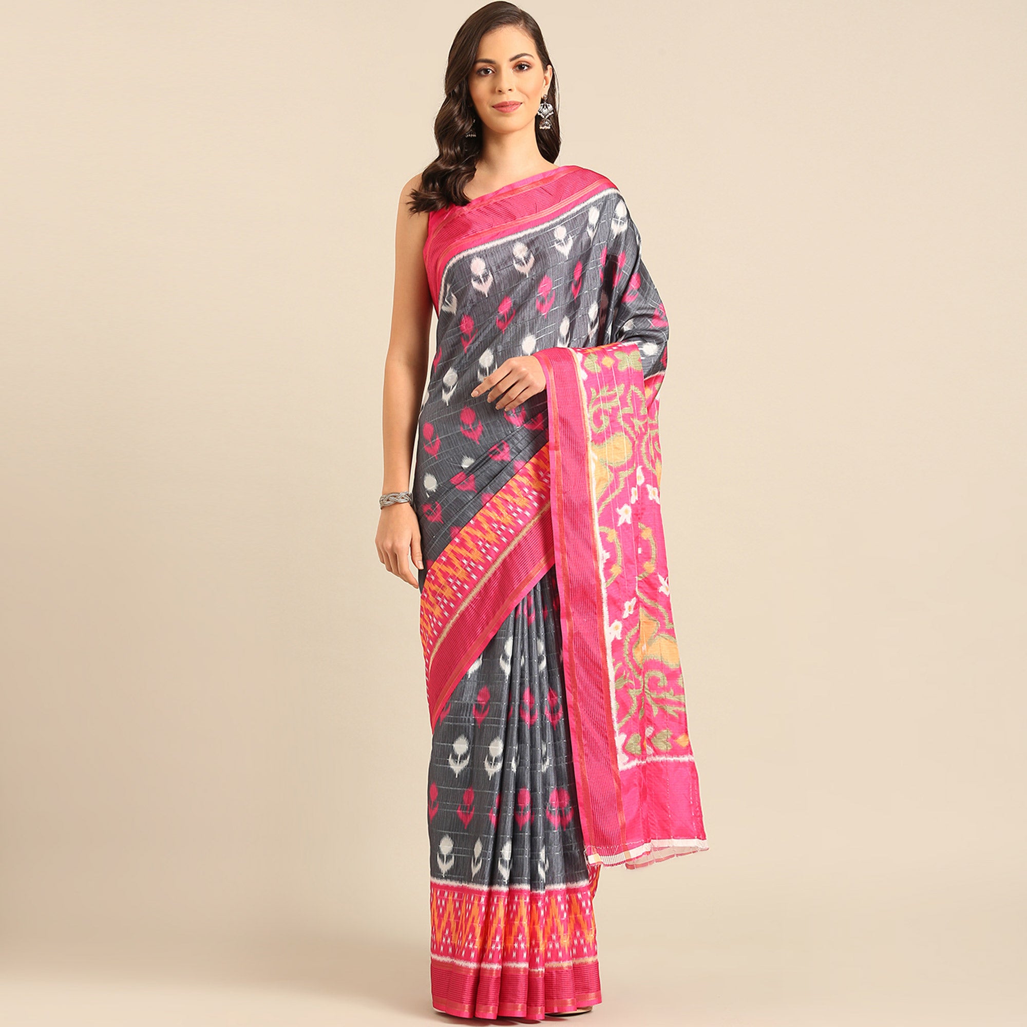 Grey Digital Patola Printed Cotton Blend Saree