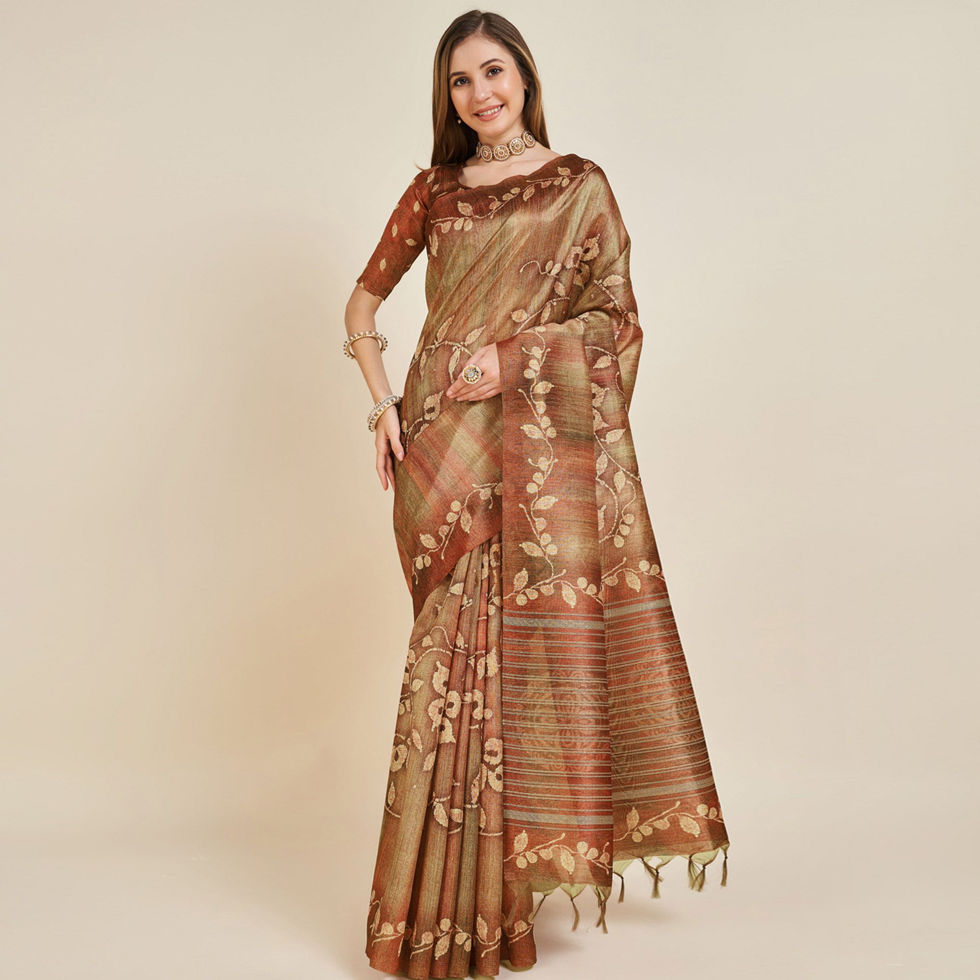 Brown Digital Printed Bhagalpuri Silk Saree With Tassels